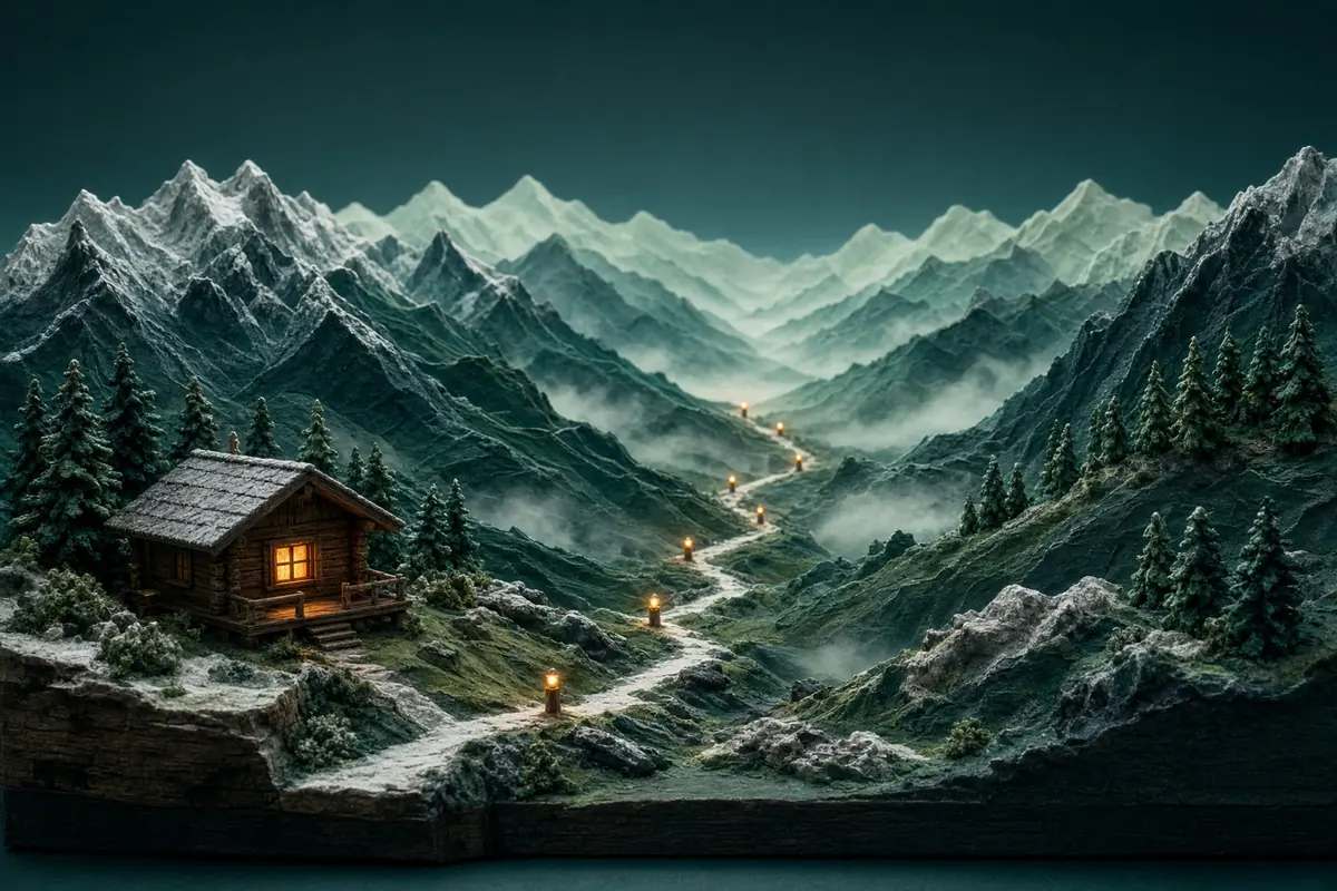 A miniature alpine valley at first light, with a warm cabin and a line of small amber beacons leading through the mountains.