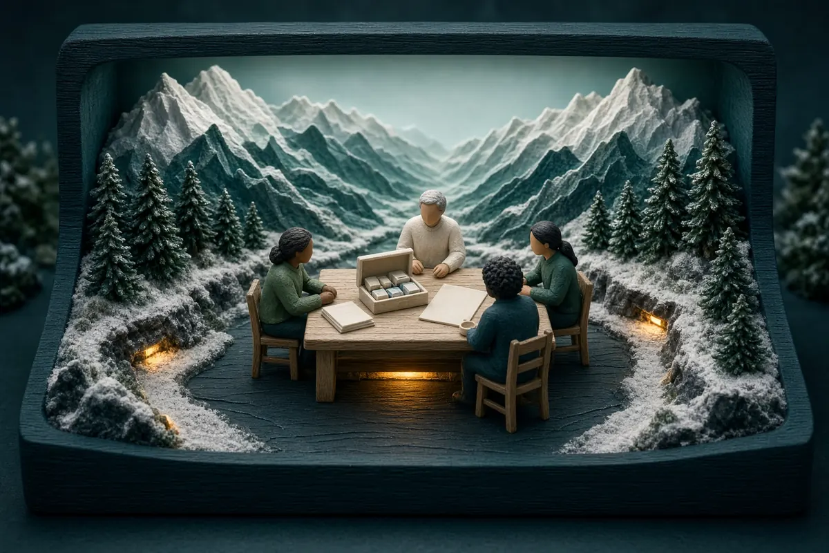 A miniature mountain household scene with people gathered around a plain table near a warm cabin and a clearly lit path.