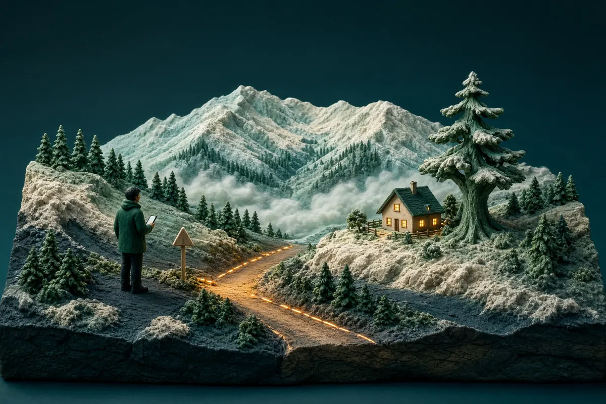 A person in a carved alpine landscape gestures toward a lake, ridge, and trail markers that can be used as location cues.