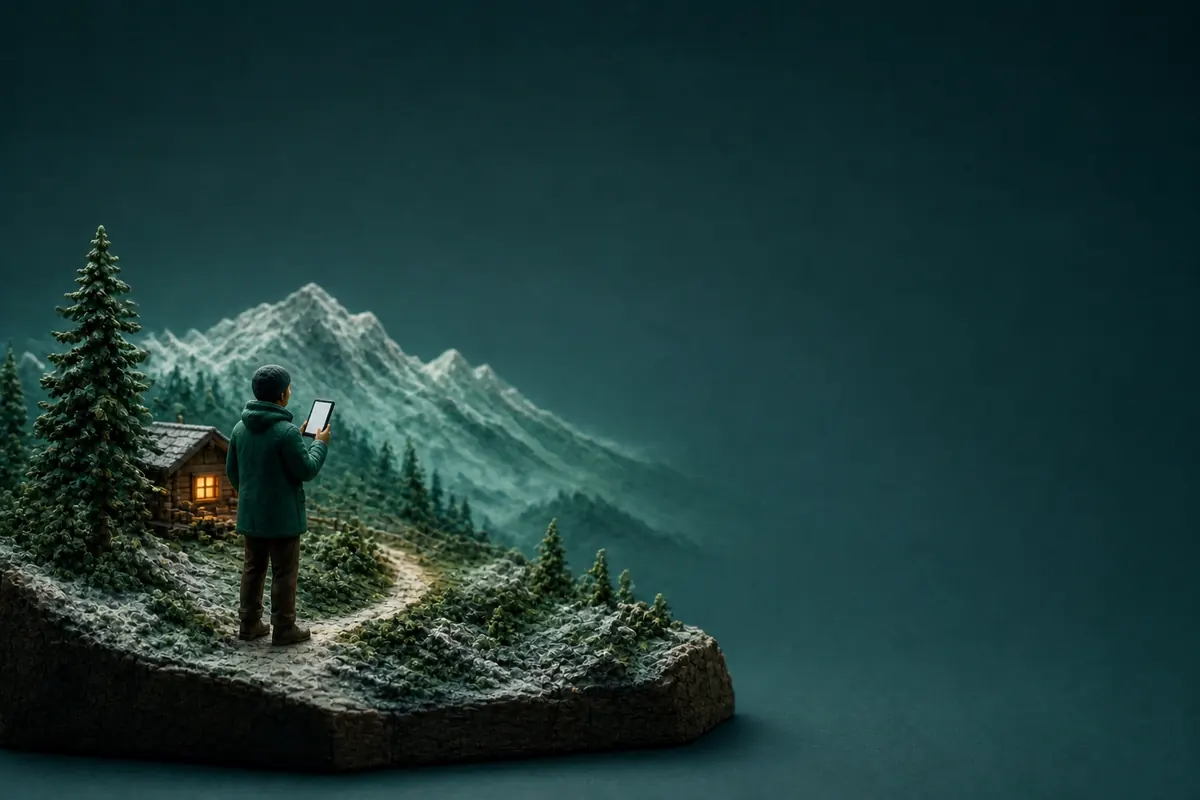 A person holds a blank phone beside a small alpine cabin, with open dark space beyond the mountain scene.