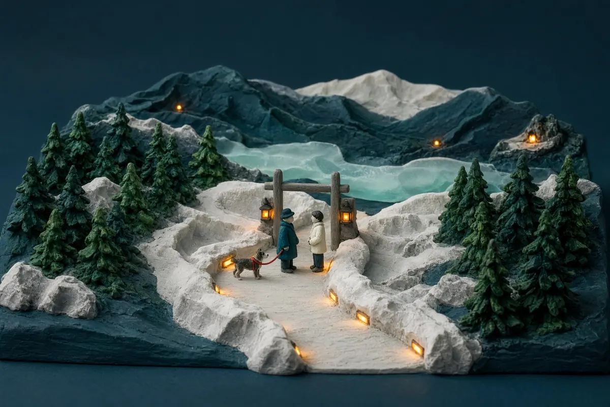 A snowy miniature mountain approach with a clearly lit open path, a small shelter, and people waiting away from the route.