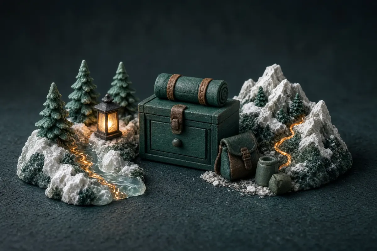 A small unbranded field case, rolled blanket, lantern, cup, and simple tools arranged beside a miniature alpine ridge.