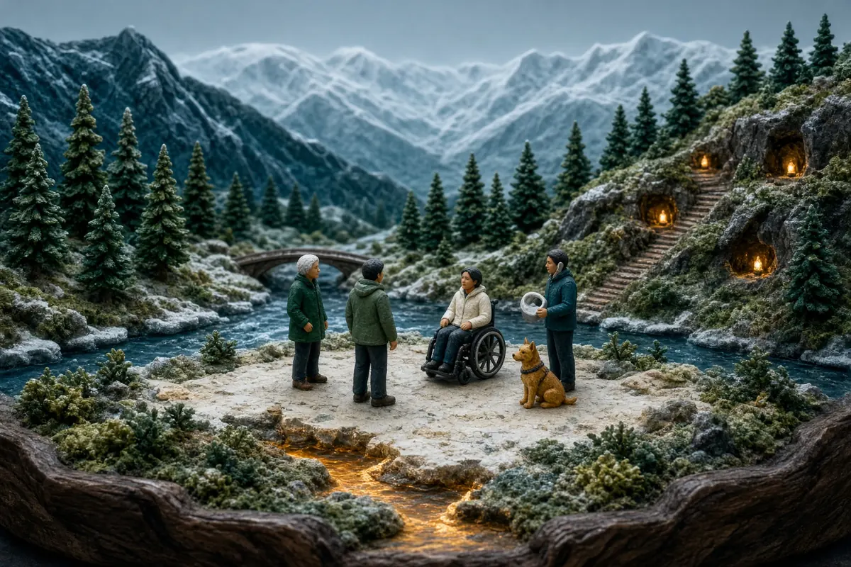People with varied mobility and support needs, including a wheelchair user and a service animal, share an open alpine path.