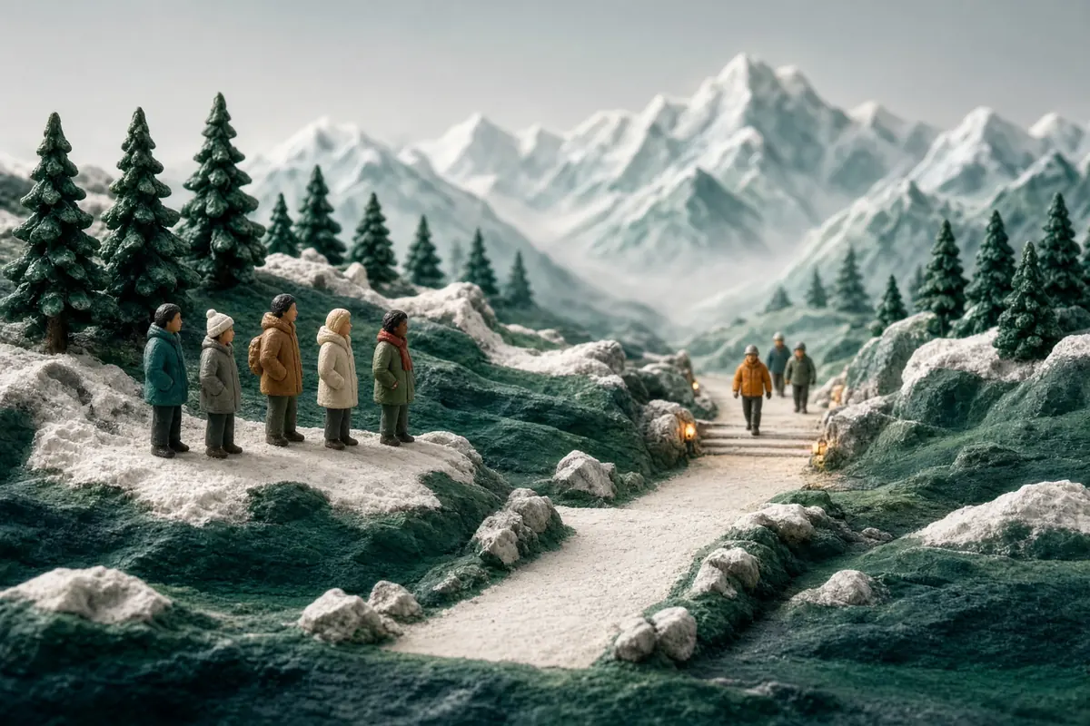 Several people stand to the side of a broad alpine path, leaving clear space for a distant group to approach.