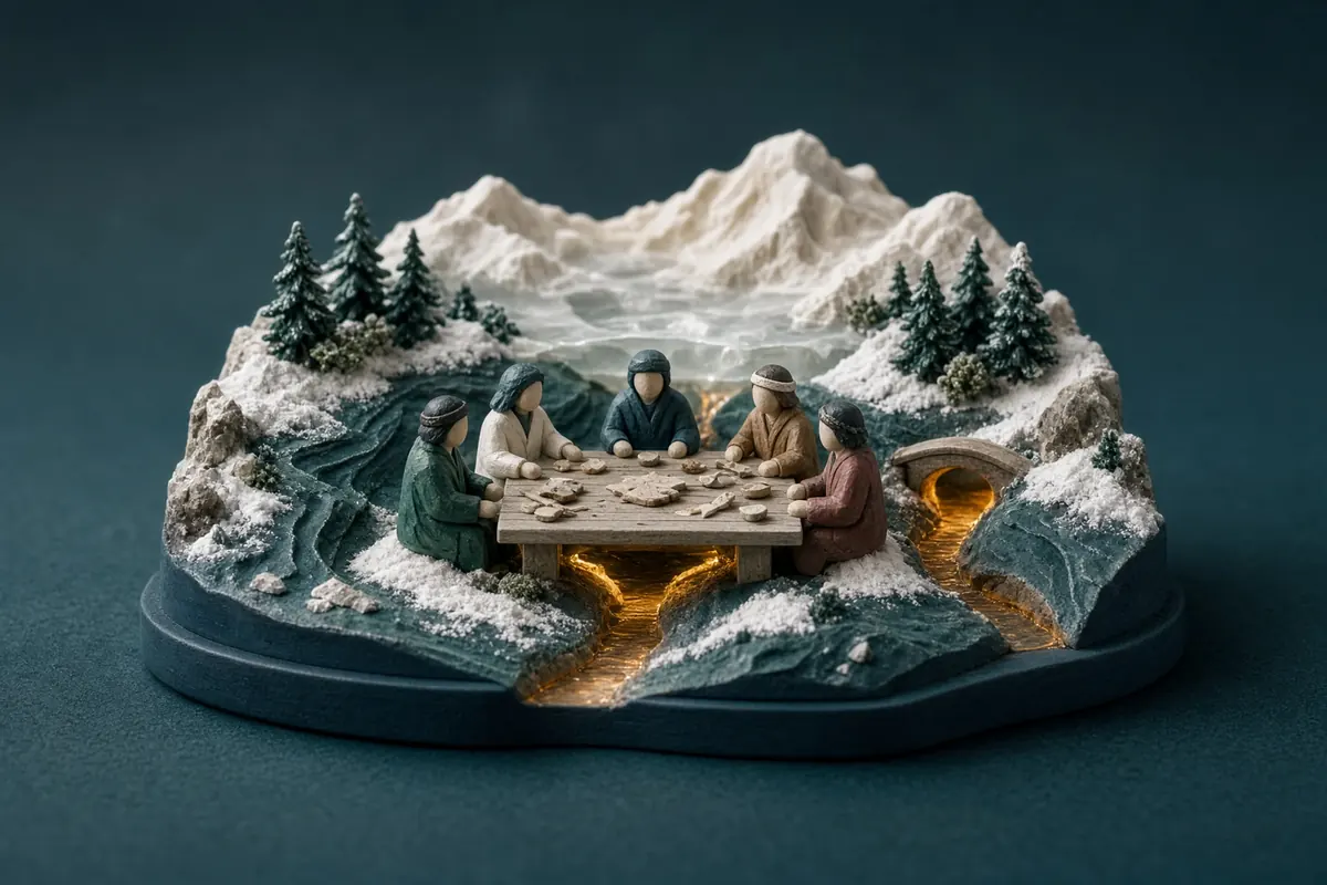 Peers sit around a single round table within a miniature mountain landscape, exchanging blank materials at the same level.