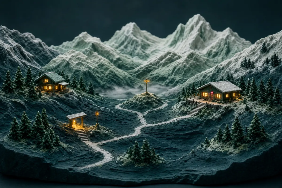 A night alpine valley with several warm cabins and small amber beacons connected across snowy ridges.