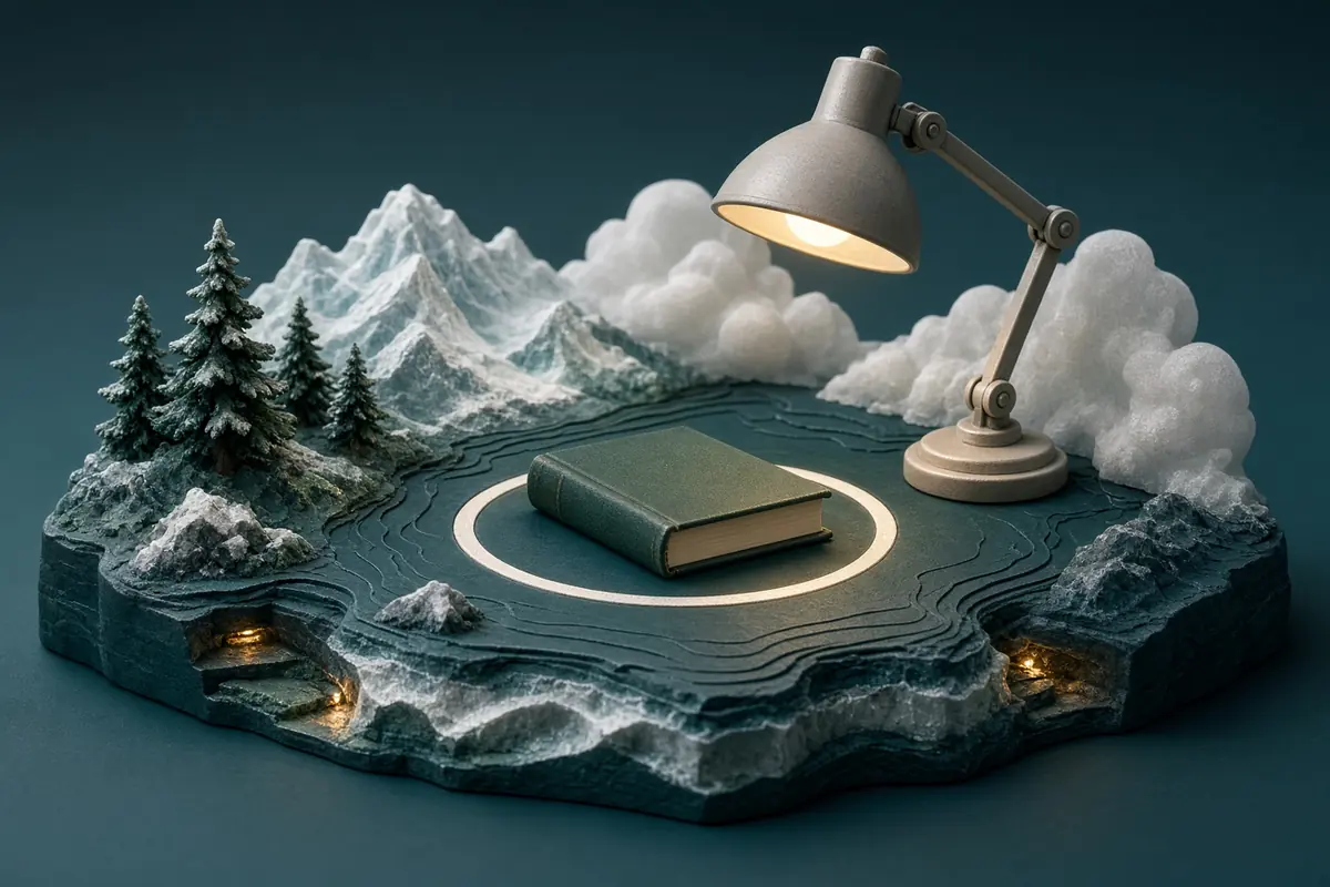 A closed field guide rests in a circle of lamplight on a miniature alpine platform.