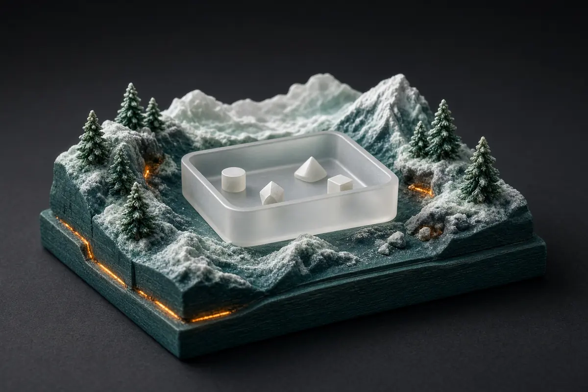 A nearly empty white tray holds a few anonymous geometric tokens on an alpine base.