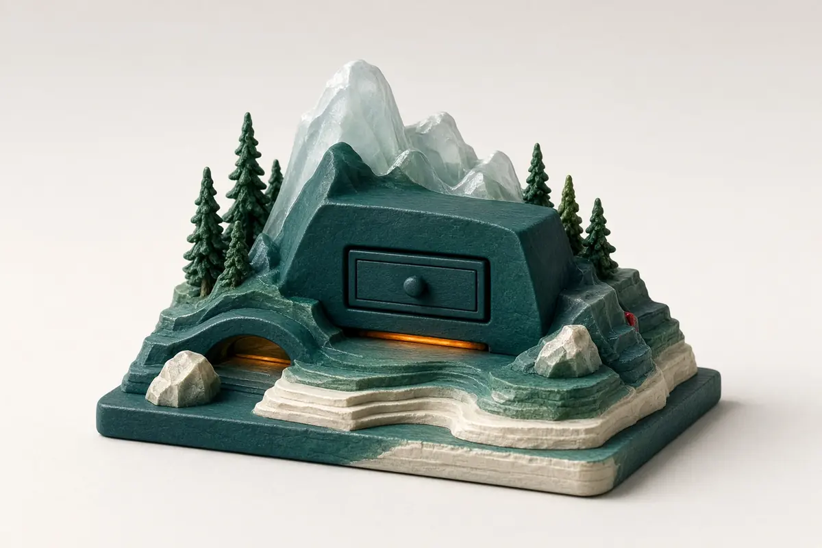 A small closed storage box sits within a snowy miniature landscape beneath a cloud form.