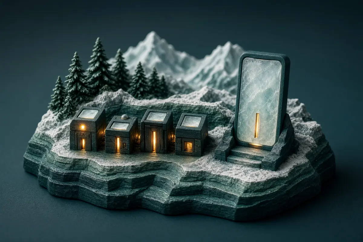 A row of closed tactile switches and a small device form sit within a mountain relief.