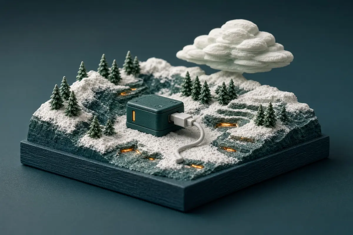 Several small dark structures end beside an unplugged device at the edge of an alpine base.