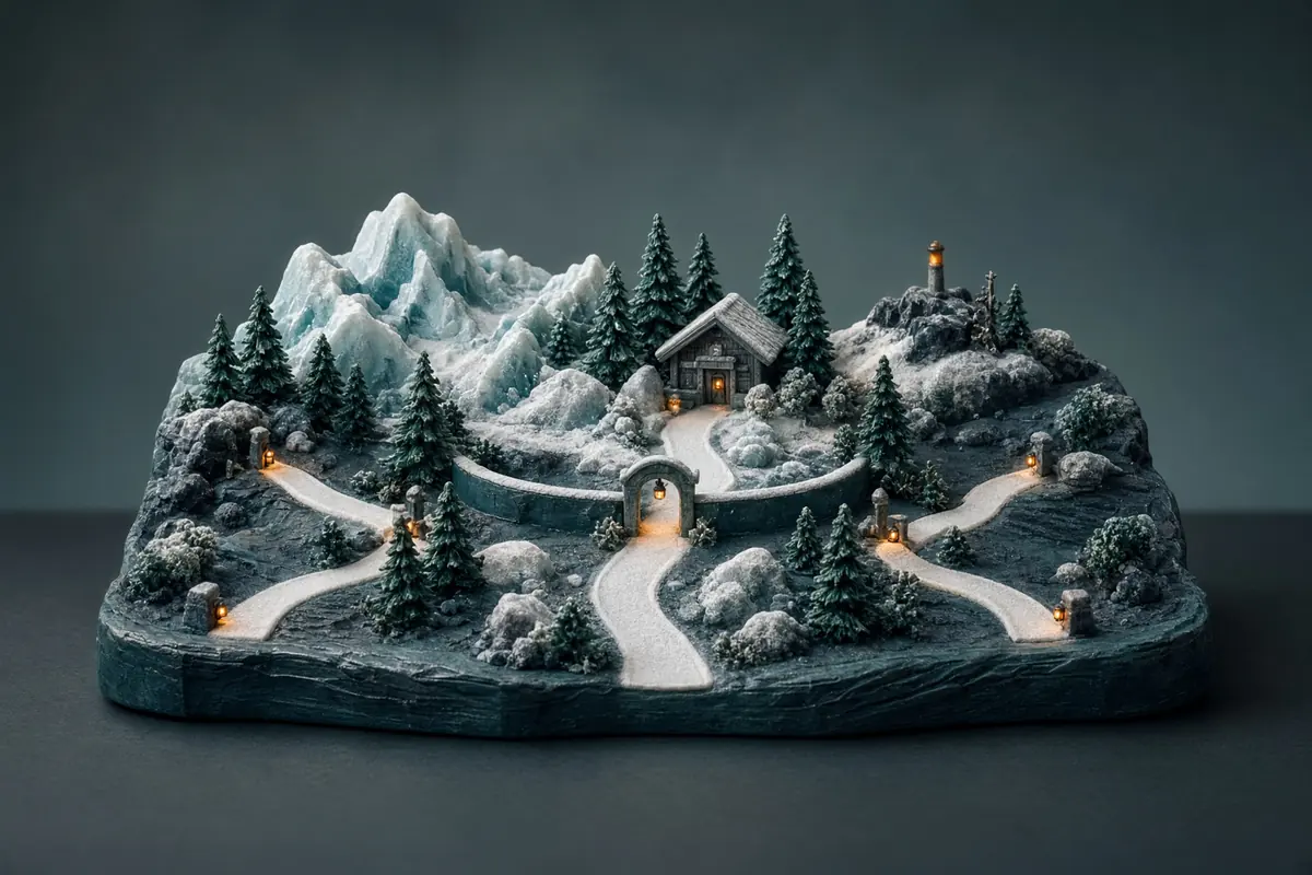 A line of pale tokens stops at a clear boundary before a solitary alpine marker.