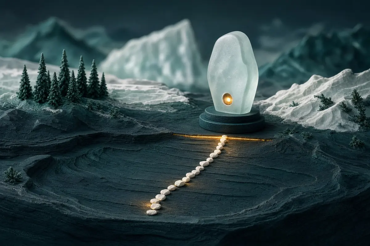 Anonymous path marks end before a distant sensor-like tower in a miniature mountain setting.