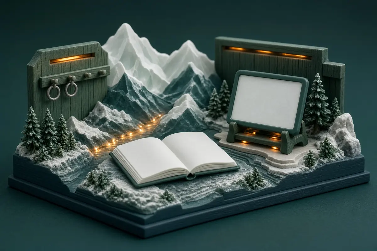 An open padded case holds a blank envelope and anonymous token within a quiet alpine relief.