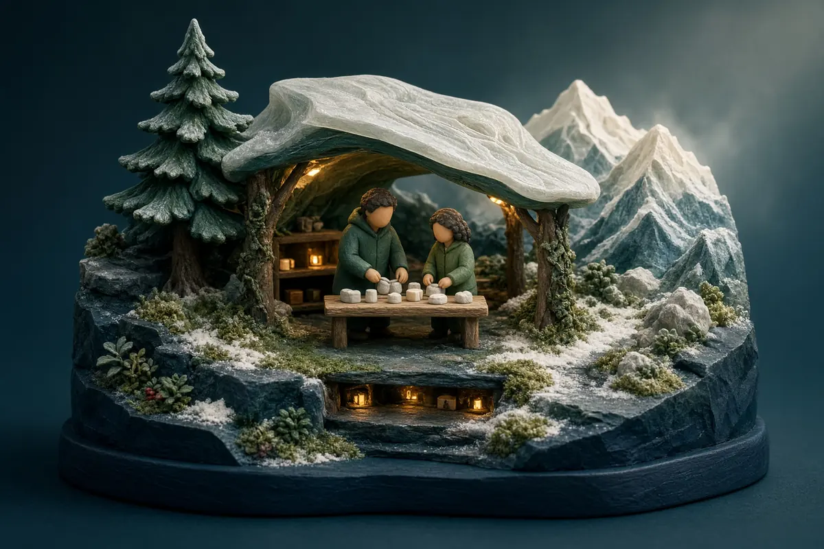 An open notebook and simple planning objects sit between two sheltered alpine workstations.