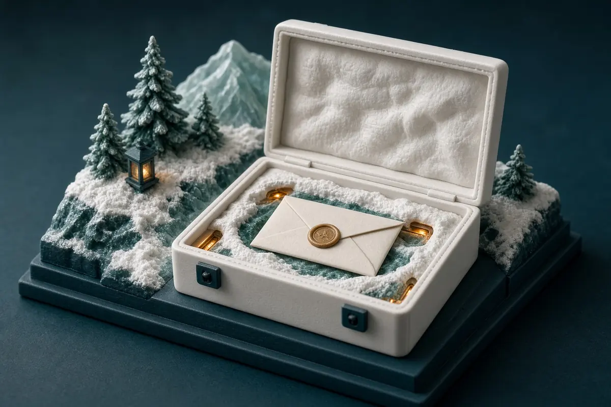 An opaque white object sits behind several protective nested frames on a snowy alpine base.