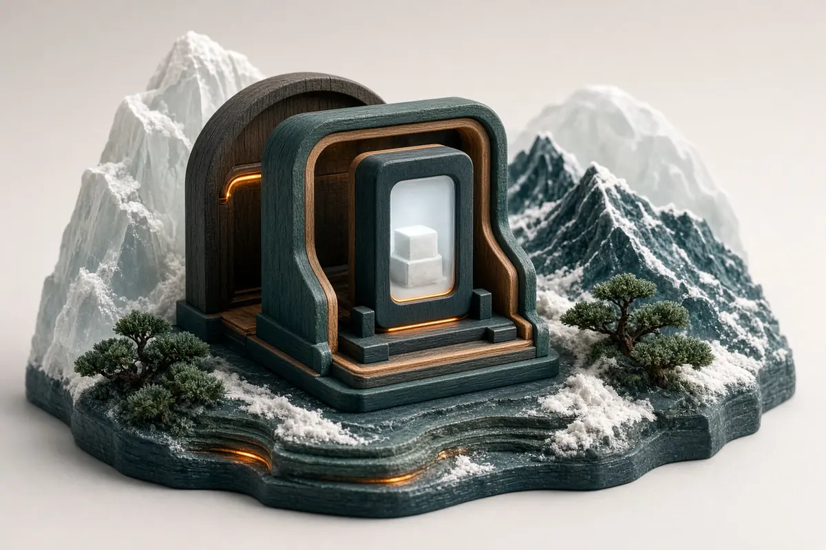 A small device form is nested inside layered protective arches in an alpine scene.