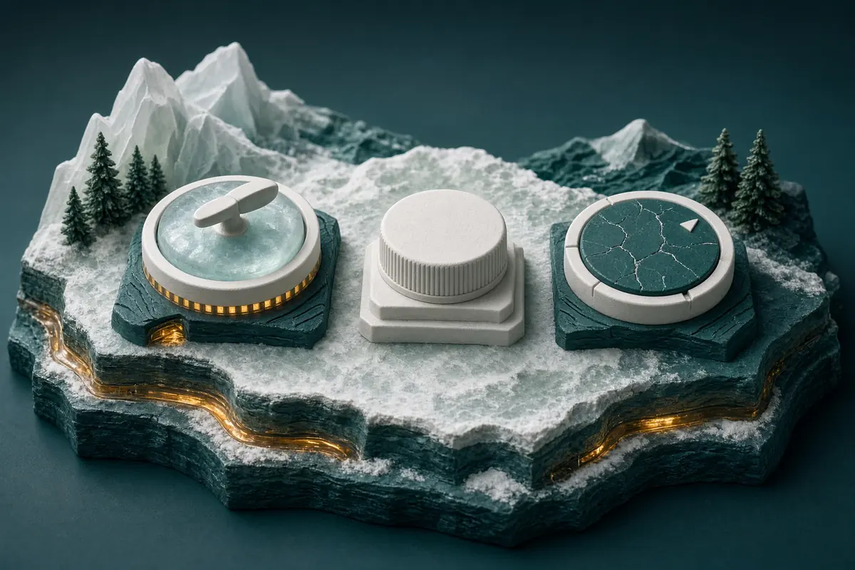 Three distinct tactile controls rest on a pale miniature alpine platform.