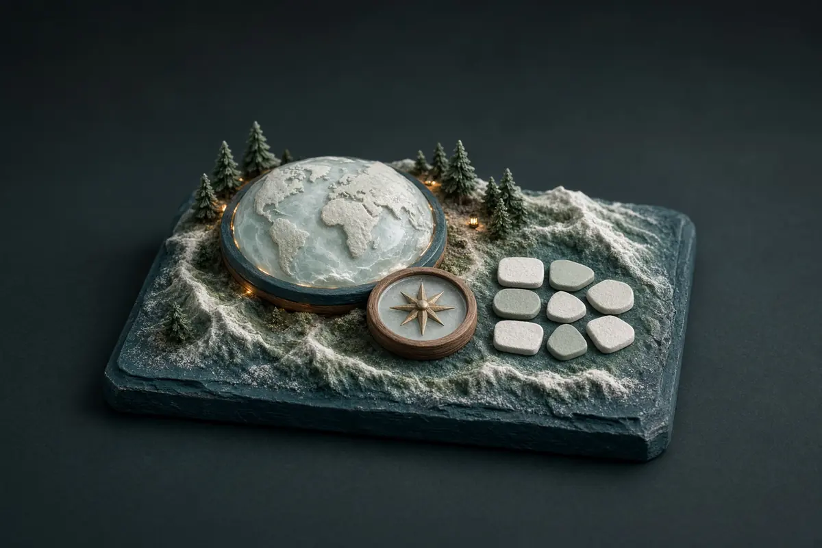 A blank globe relief, compass, and anonymous tokens sit on a restrained alpine base without flags.