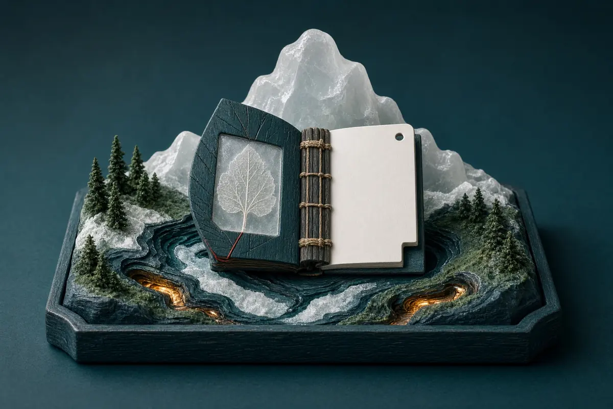 A ring-bound blank field guide shows one newly turned page above a miniature alpine stream.