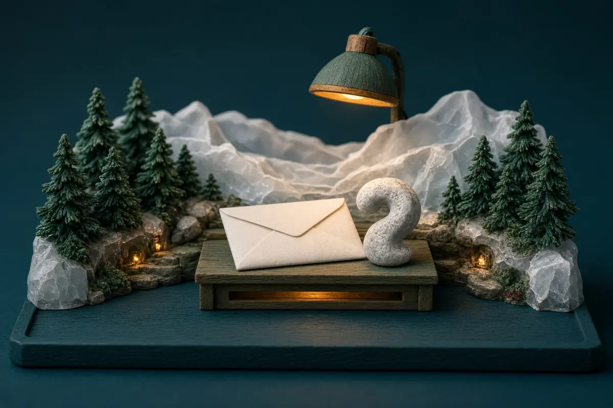 A blank envelope and a question-shaped stone rest under a warm lamp in an alpine setting.