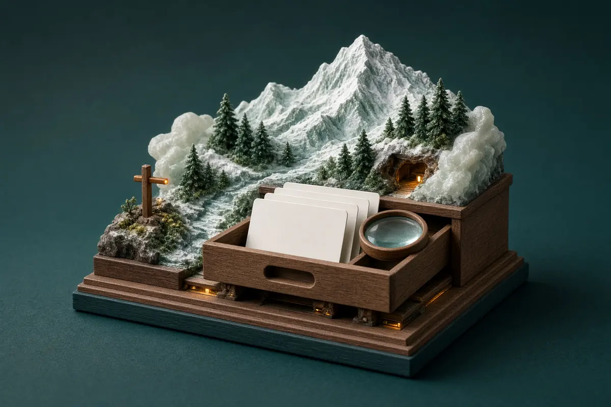 An open wooden archive drawer holds blank citation cards beside a magnifying lens and alpine trees.